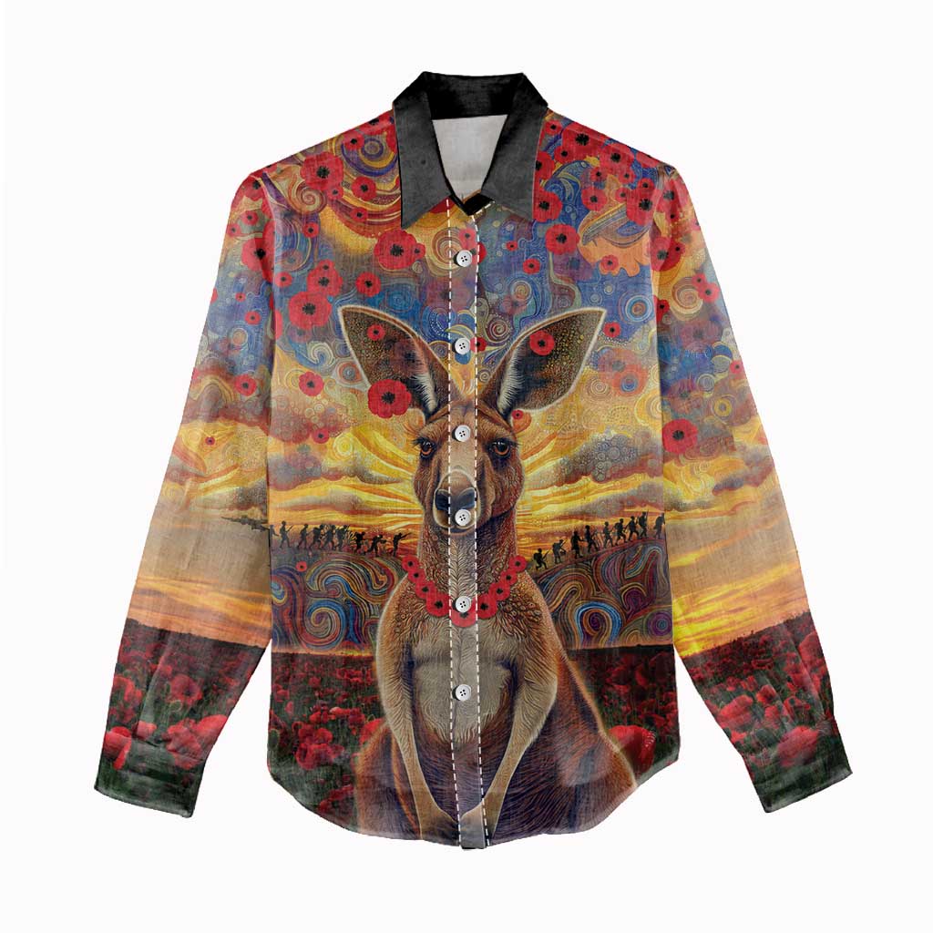 Kangaroo ANZAC Personalised Women Casual Shirt Poppy Flowers Aboriginal Dot Painting