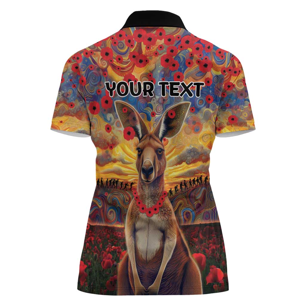 Kangaroo ANZAC Personalised Women Polo Shirt Poppy Flowers Aboriginal Dot Painting