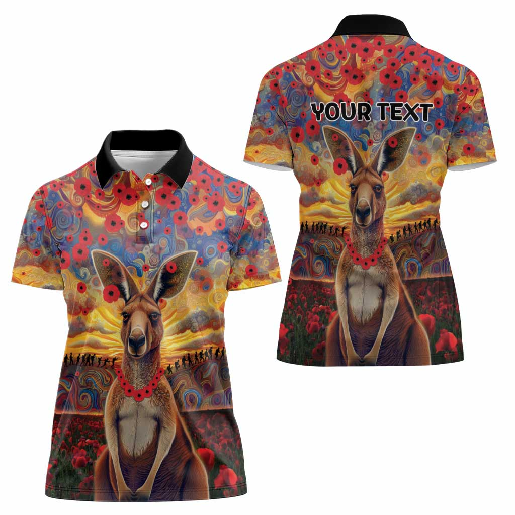 Kangaroo ANZAC Personalised Women Polo Shirt Poppy Flowers Aboriginal Dot Painting