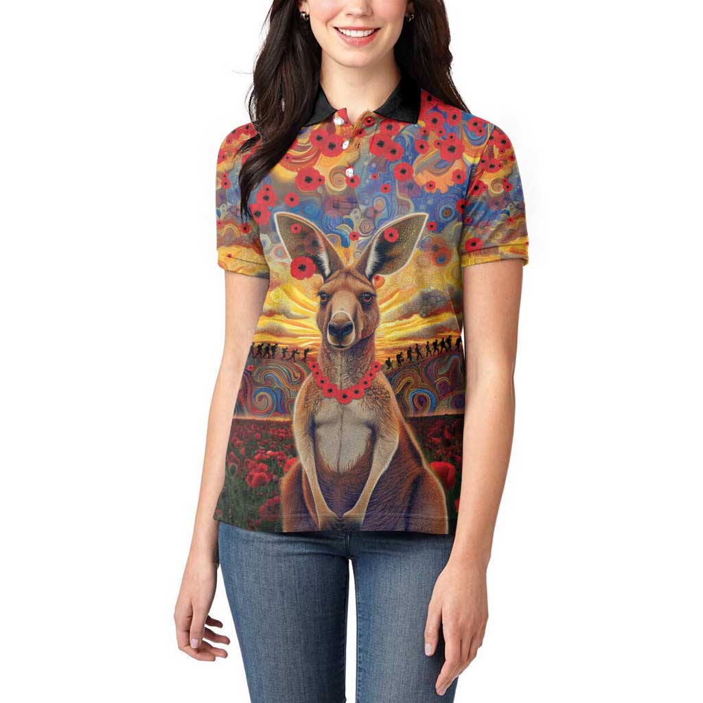 Kangaroo ANZAC Personalised Women Polo Shirt Poppy Flowers Aboriginal Dot Painting
