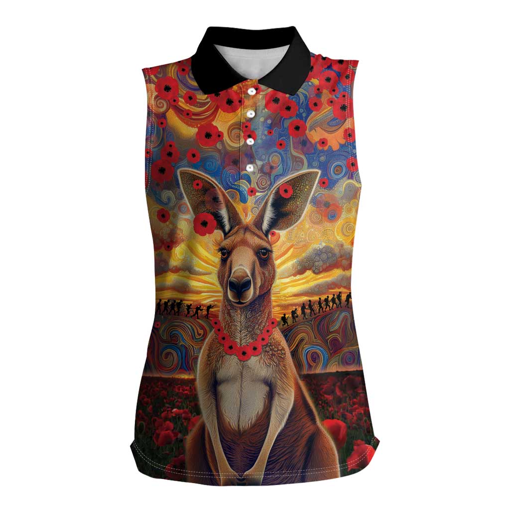 Kangaroo ANZAC Personalised Women Sleeveless Polo Shirt Poppy Flowers Aboriginal Dot Painting