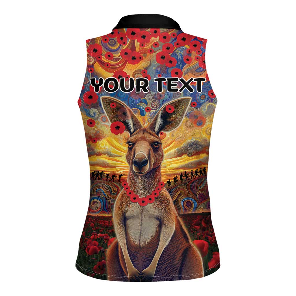 Kangaroo ANZAC Personalised Women Sleeveless Polo Shirt Poppy Flowers Aboriginal Dot Painting