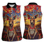 Kangaroo ANZAC Personalised Women Sleeveless Polo Shirt Poppy Flowers Aboriginal Dot Painting