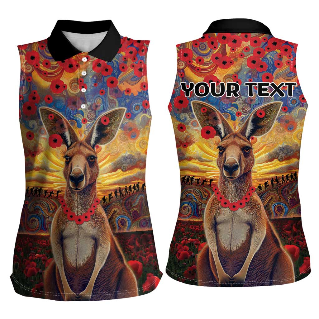 Kangaroo ANZAC Personalised Women Sleeveless Polo Shirt Poppy Flowers Aboriginal Dot Painting
