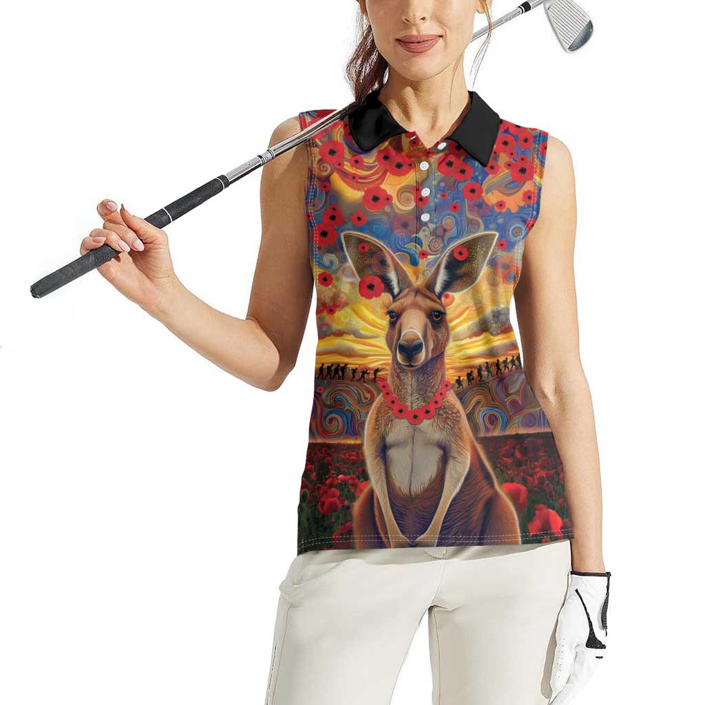 Kangaroo ANZAC Personalised Women Sleeveless Polo Shirt Poppy Flowers Aboriginal Dot Painting