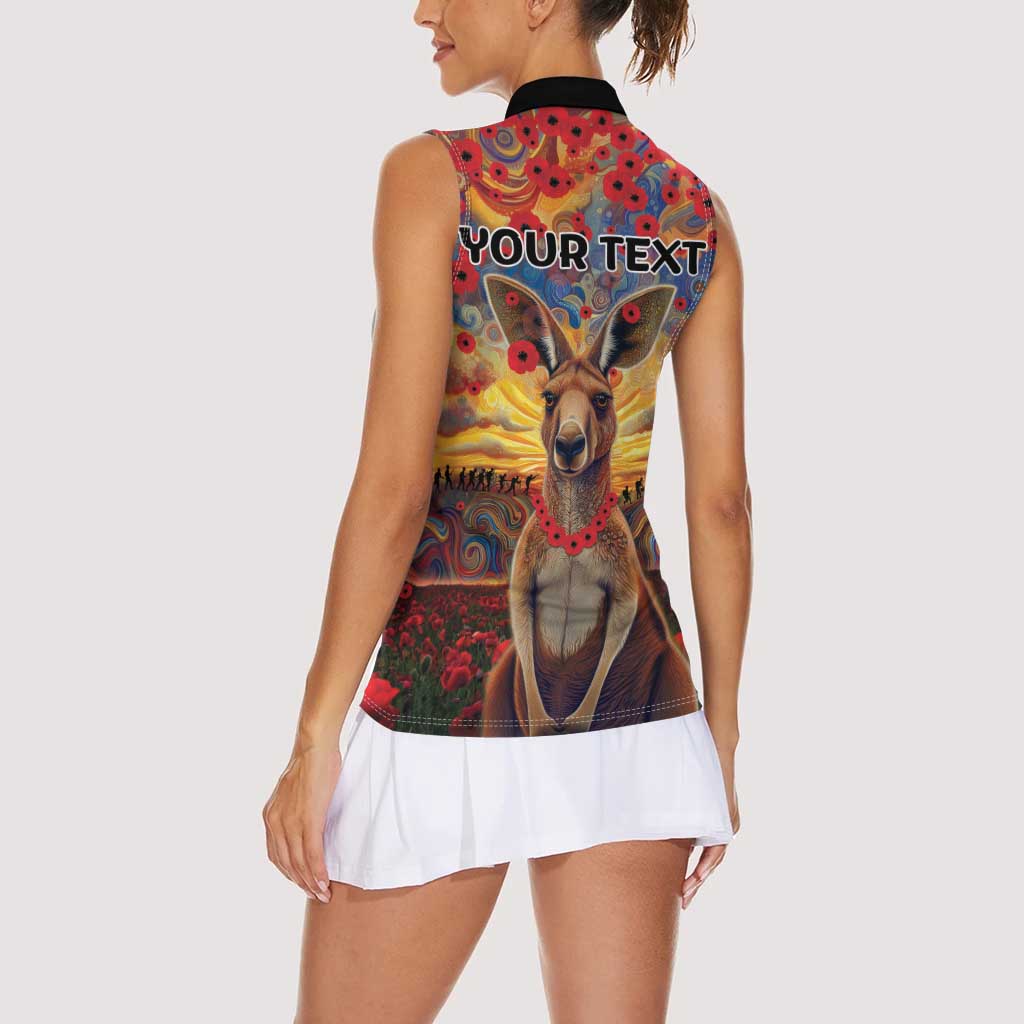 Kangaroo ANZAC Personalised Women Sleeveless Polo Shirt Poppy Flowers Aboriginal Dot Painting