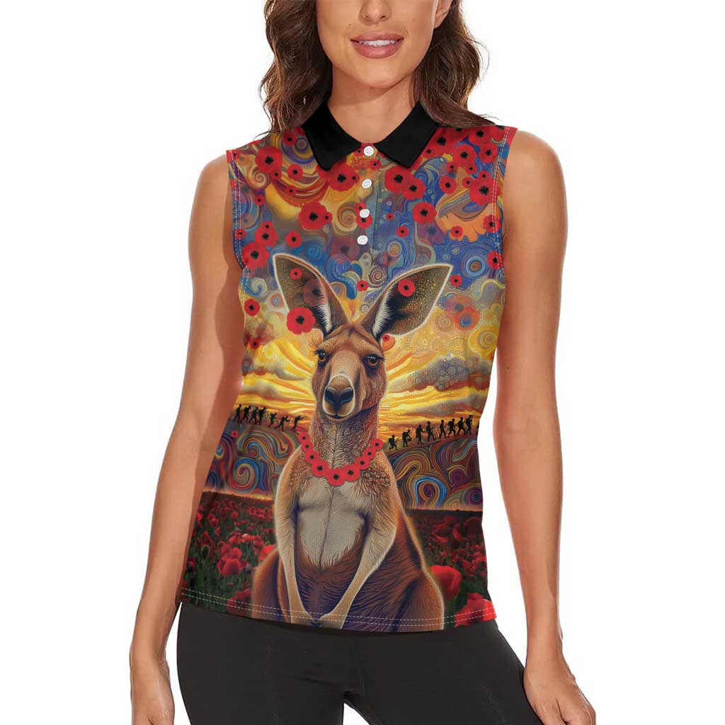 Kangaroo ANZAC Personalised Women Sleeveless Polo Shirt Poppy Flowers Aboriginal Dot Painting