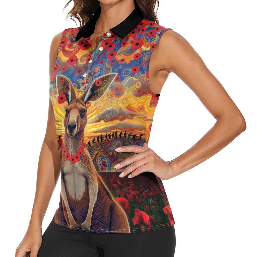 Kangaroo ANZAC Personalised Women Sleeveless Polo Shirt Poppy Flowers Aboriginal Dot Painting