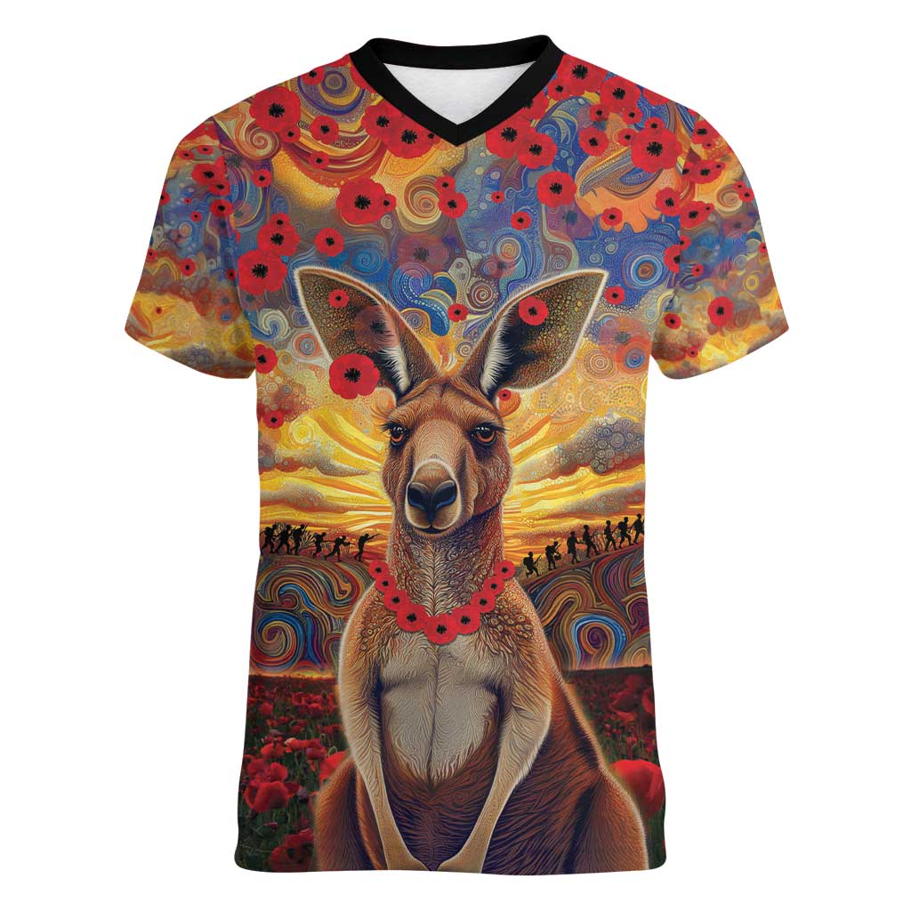 Kangaroo ANZAC Personalised Women V-Neck T-Shirt Poppy Flowers Aboriginal Dot Painting