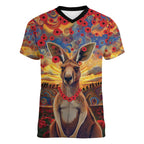 Kangaroo ANZAC Personalised Women V-Neck T-Shirt Poppy Flowers Aboriginal Dot Painting
