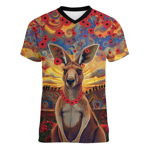 Kangaroo ANZAC Personalised Women V-Neck T-Shirt Poppy Flowers Aboriginal Dot Painting