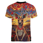 Kangaroo ANZAC Personalised Women V-Neck T-Shirt Poppy Flowers Aboriginal Dot Painting