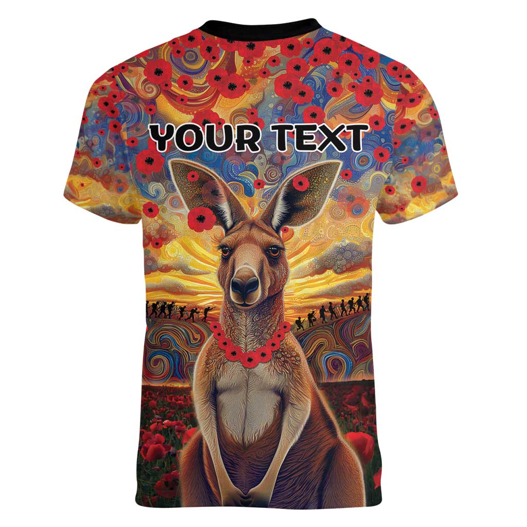 Kangaroo ANZAC Personalised Women V-Neck T-Shirt Poppy Flowers Aboriginal Dot Painting
