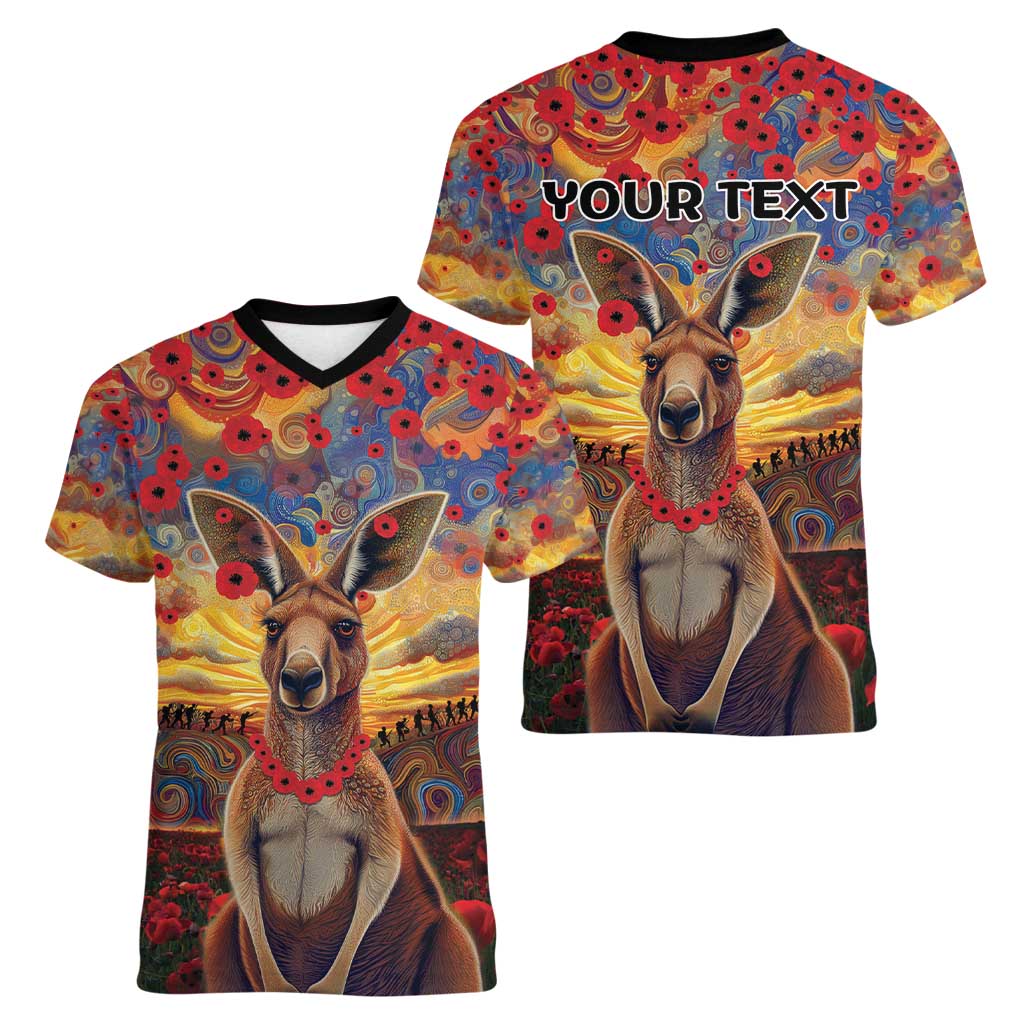 Kangaroo ANZAC Personalised Women V-Neck T-Shirt Poppy Flowers Aboriginal Dot Painting