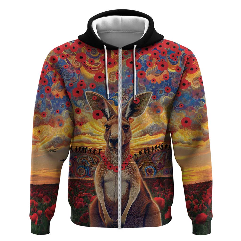 Kangaroo ANZAC Personalised Zip Hoodie Poppy Flowers Aboriginal Dot Painting