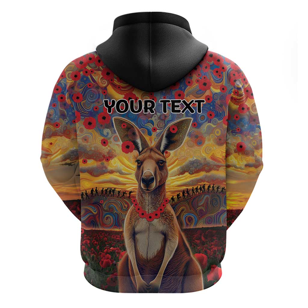 Kangaroo ANZAC Personalised Zip Hoodie Poppy Flowers Aboriginal Dot Painting