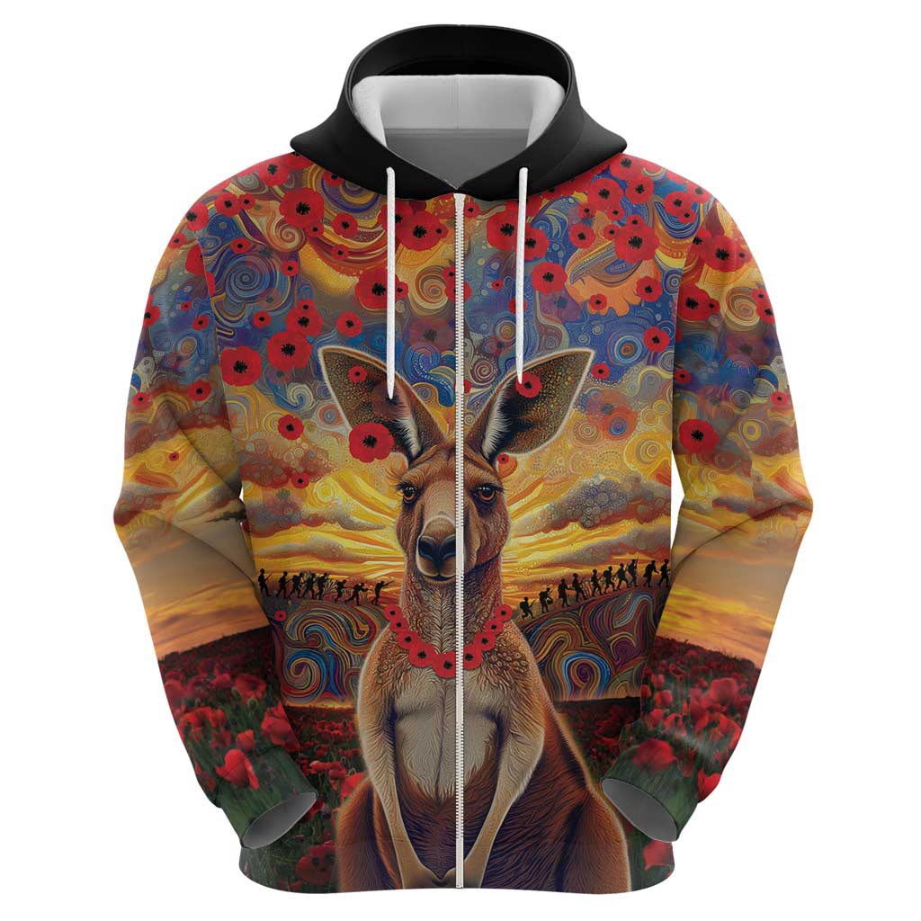 Kangaroo ANZAC Personalised Zip Hoodie Poppy Flowers Aboriginal Dot Painting