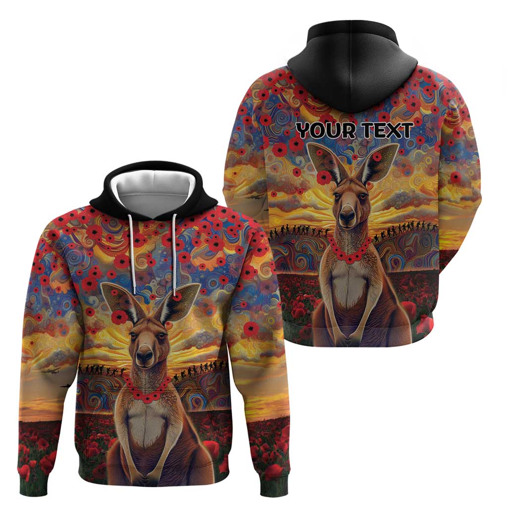 Kangaroo ANZAC Personalised Zip Hoodie Poppy Flowers Aboriginal Dot Painting
