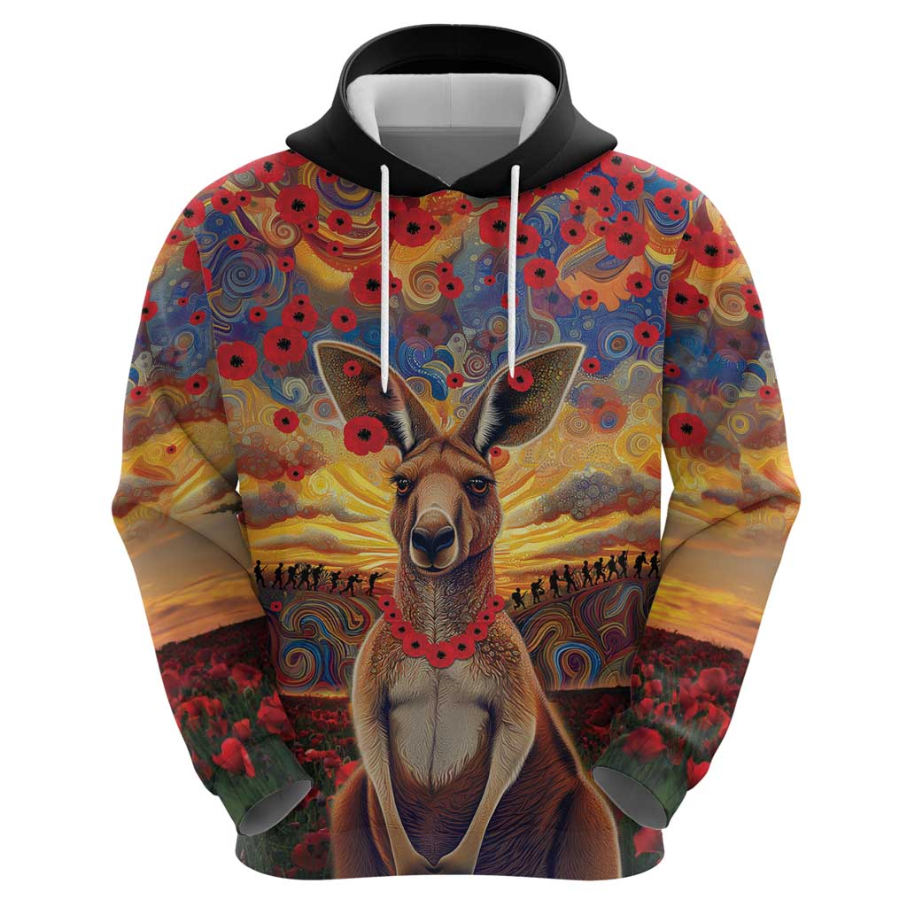 Kangaroo ANZAC Personalised Zip Hoodie Poppy Flowers Aboriginal Dot Painting
