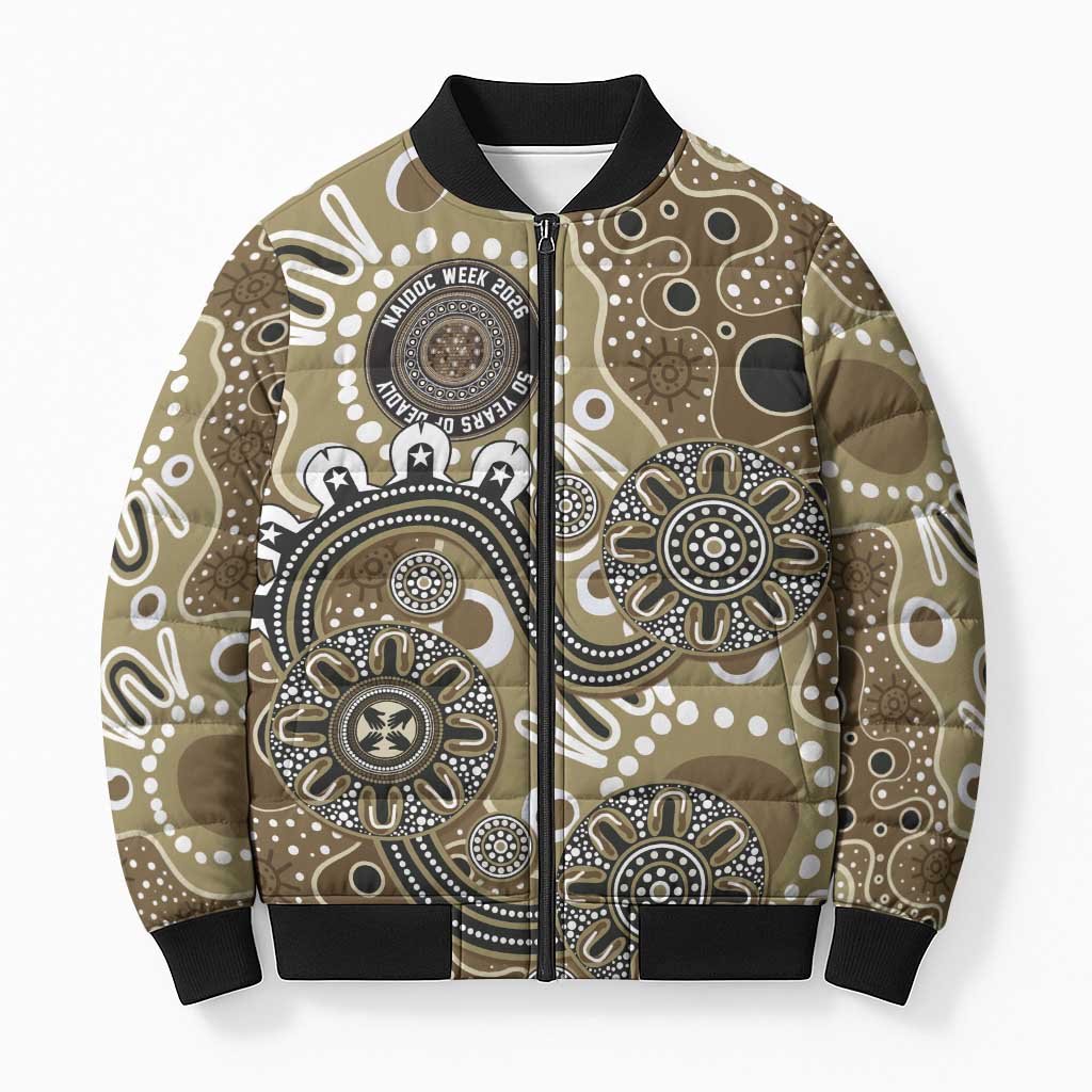 Personalised NAIDOC Week 50 Years Deadly Always Bomber Puffer Jacket Brown Aboriginal Artwork Dot Painting