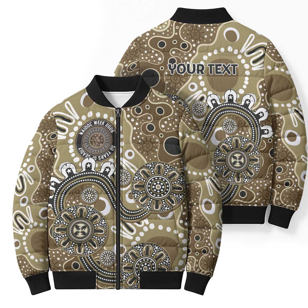 Personalised NAIDOC Week 50 Years Deadly Always Bomber Puffer Jacket Brown Aboriginal Artwork Dot Painting