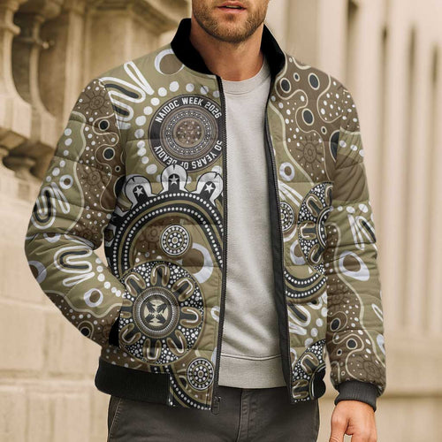 Personalised NAIDOC Week 50 Years Deadly Always Bomber Puffer Jacket Brown Aboriginal Artwork Dot Painting