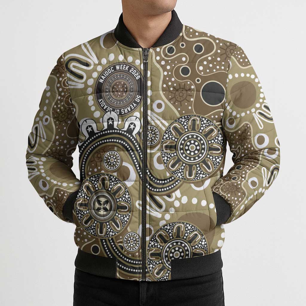 Personalised NAIDOC Week 50 Years Deadly Always Bomber Puffer Jacket Brown Aboriginal Artwork Dot Painting
