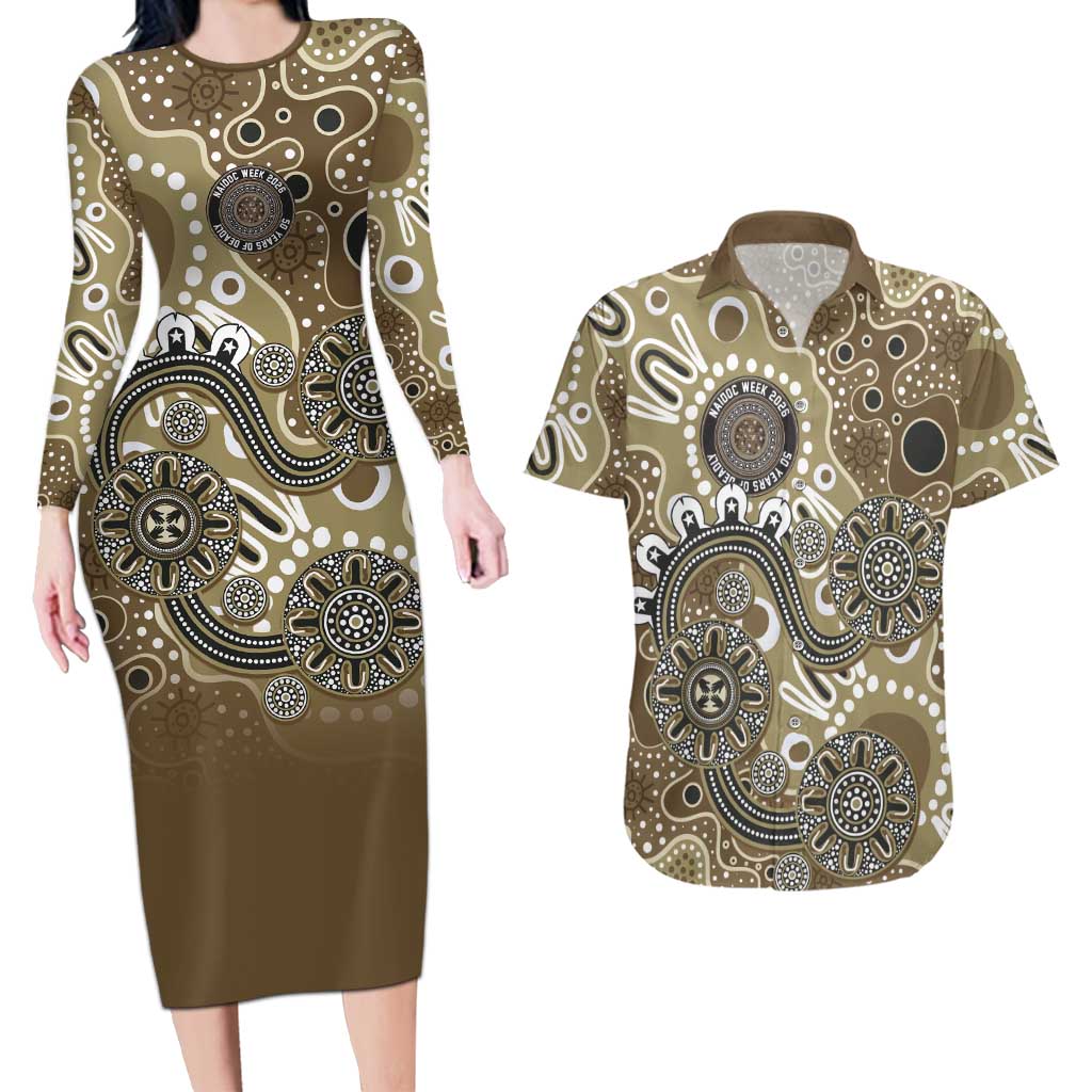 Personalised NAIDOC Week 50 Years Deadly Always Couples Matching Long Sleeve Bodycon Dress and Hawaiian Shirt Brown Aboriginal Artwork Dot Painting