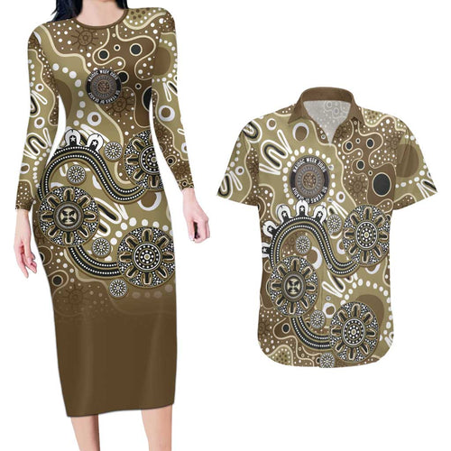 Personalised NAIDOC Week 50 Years Deadly Always Couples Matching Long Sleeve Bodycon Dress and Hawaiian Shirt Brown Aboriginal Artwork Dot Painting