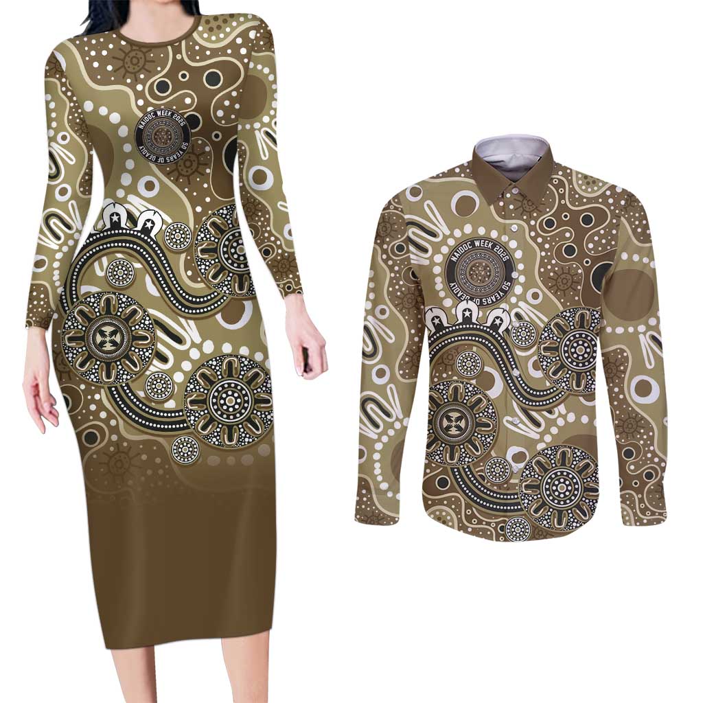 Personalised NAIDOC Week 50 Years Deadly Always Couples Matching Long Sleeve Bodycon Dress and Long Sleeve Button Shirt Brown Aboriginal Artwork Dot Painting