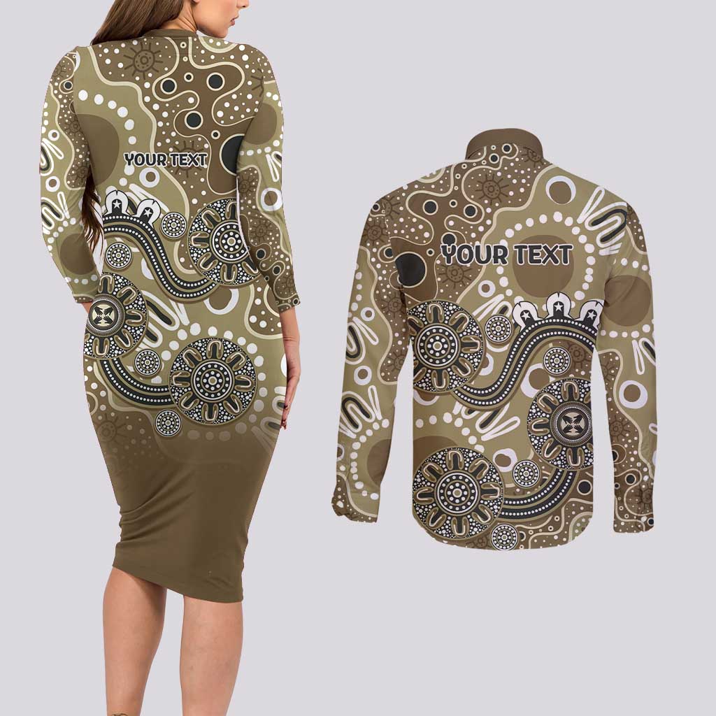 Personalised NAIDOC Week 50 Years Deadly Always Couples Matching Long Sleeve Bodycon Dress and Long Sleeve Button Shirt Brown Aboriginal Artwork Dot Painting