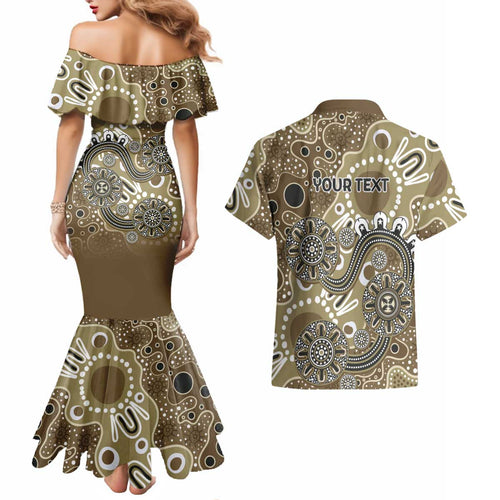 Personalised NAIDOC Week 50 Years Deadly Always Couples Matching Mermaid Dress and Hawaiian Shirt Brown Aboriginal Artwork Dot Painting