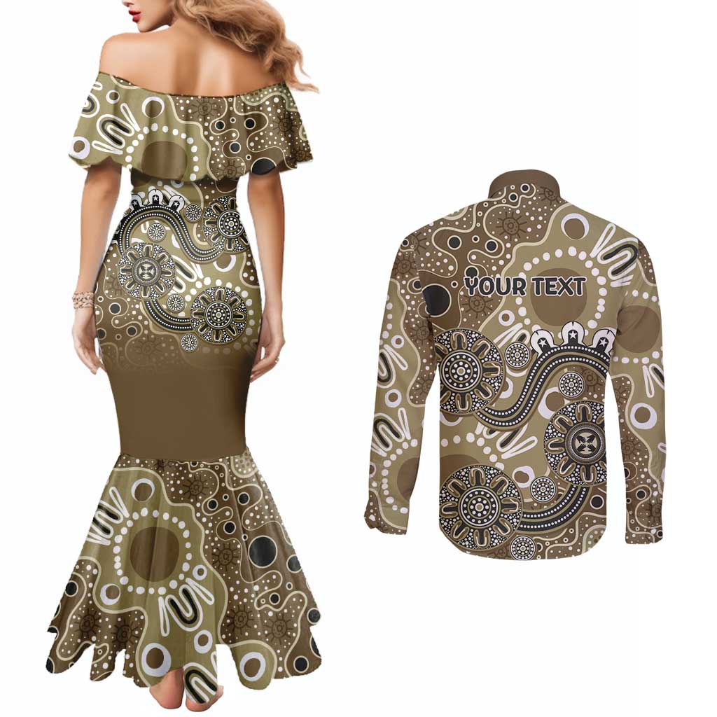 Personalised NAIDOC Week 50 Years Deadly Always Couples Matching Mermaid Dress and Long Sleeve Button Shirt Brown Aboriginal Artwork Dot Painting