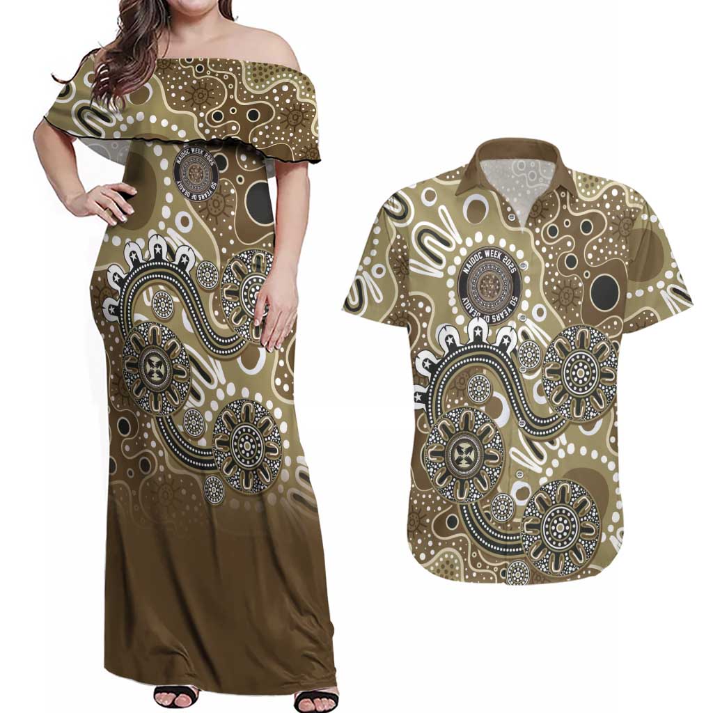 Personalised NAIDOC Week 50 Years Deadly Always Couples Matching Off Shoulder Maxi Dress and Hawaiian Shirt Brown Aboriginal Artwork Dot Painting