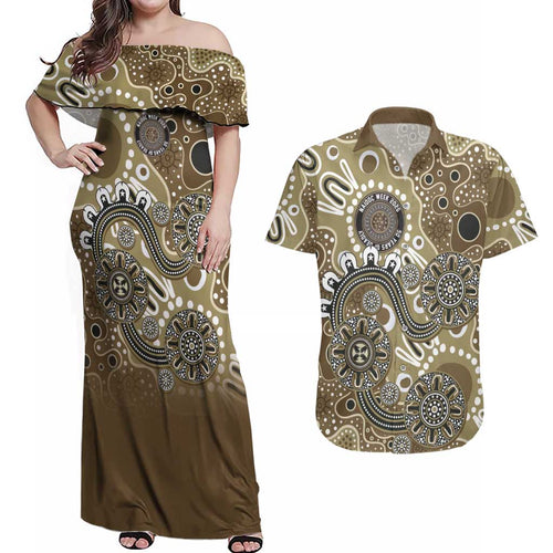 Personalised NAIDOC Week 50 Years Deadly Always Couples Matching Off Shoulder Maxi Dress and Hawaiian Shirt Brown Aboriginal Artwork Dot Painting