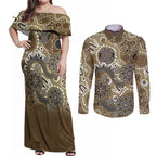 Personalised NAIDOC Week 50 Years Deadly Always Couples Matching Off Shoulder Maxi Dress and Long Sleeve Button Shirt Brown Aboriginal Artwork Dot Painting