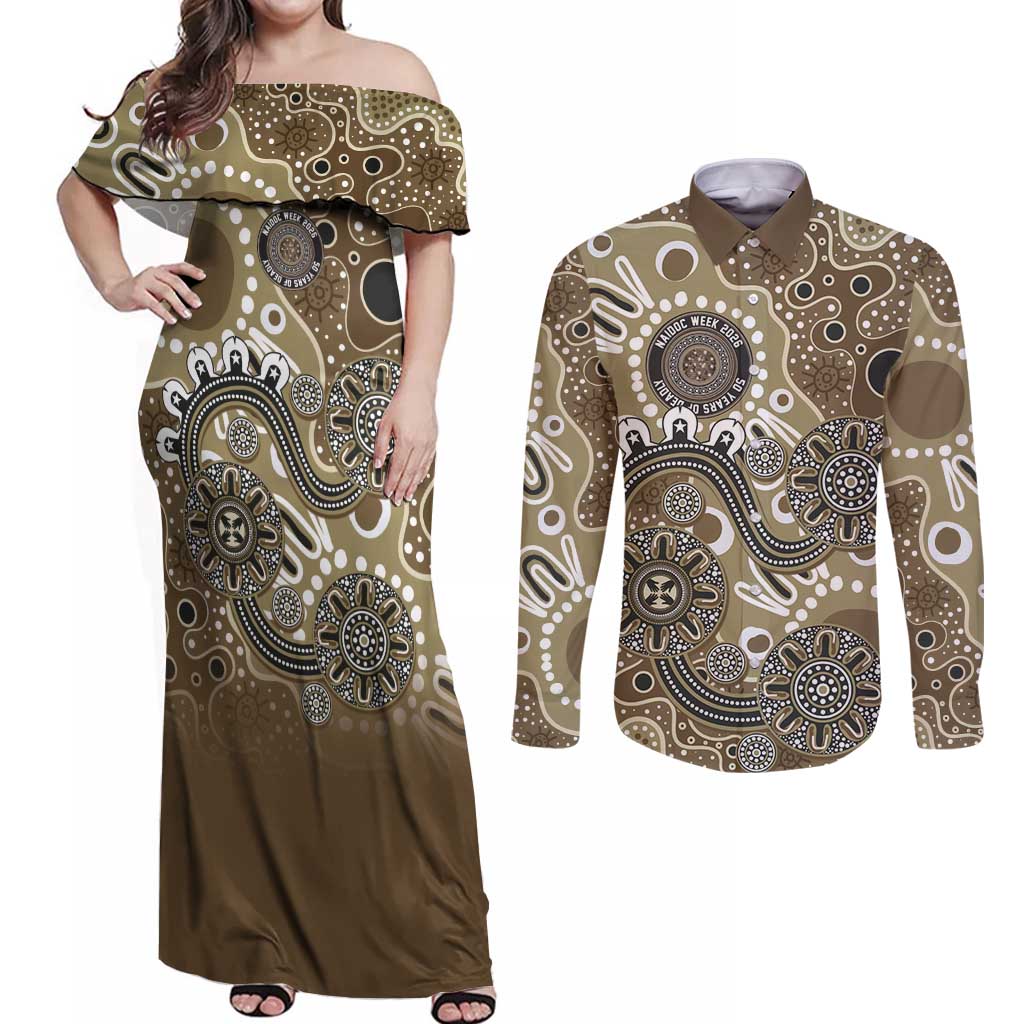Personalised NAIDOC Week 50 Years Deadly Always Couples Matching Off Shoulder Maxi Dress and Long Sleeve Button Shirt Brown Aboriginal Artwork Dot Painting