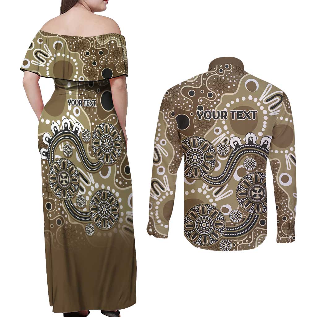 Personalised NAIDOC Week 50 Years Deadly Always Couples Matching Off Shoulder Maxi Dress and Long Sleeve Button Shirt Brown Aboriginal Artwork Dot Painting
