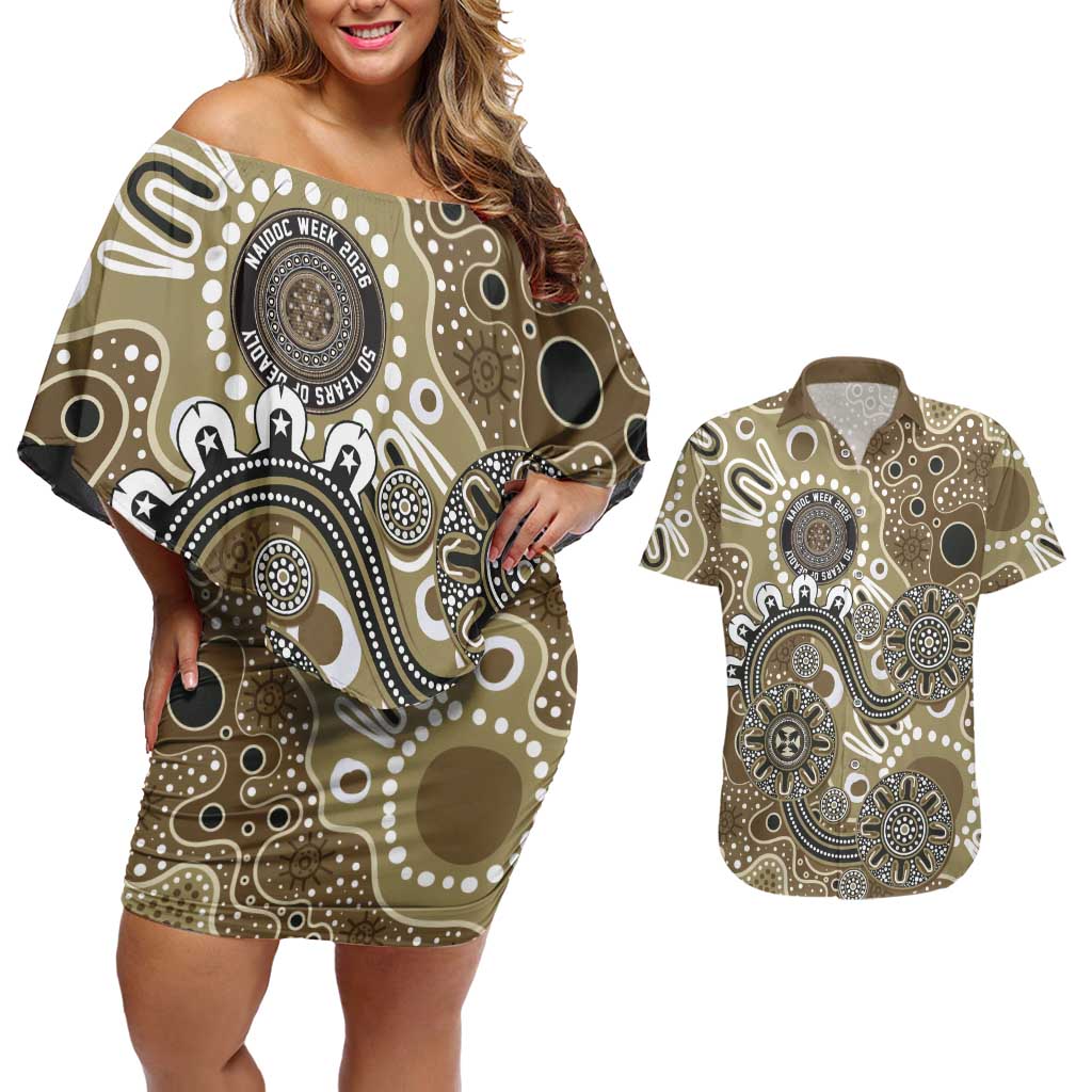 Personalised NAIDOC Week 50 Years Deadly Always Couples Matching Off Shoulder Short Dress and Hawaiian Shirt Brown Aboriginal Artwork Dot Painting