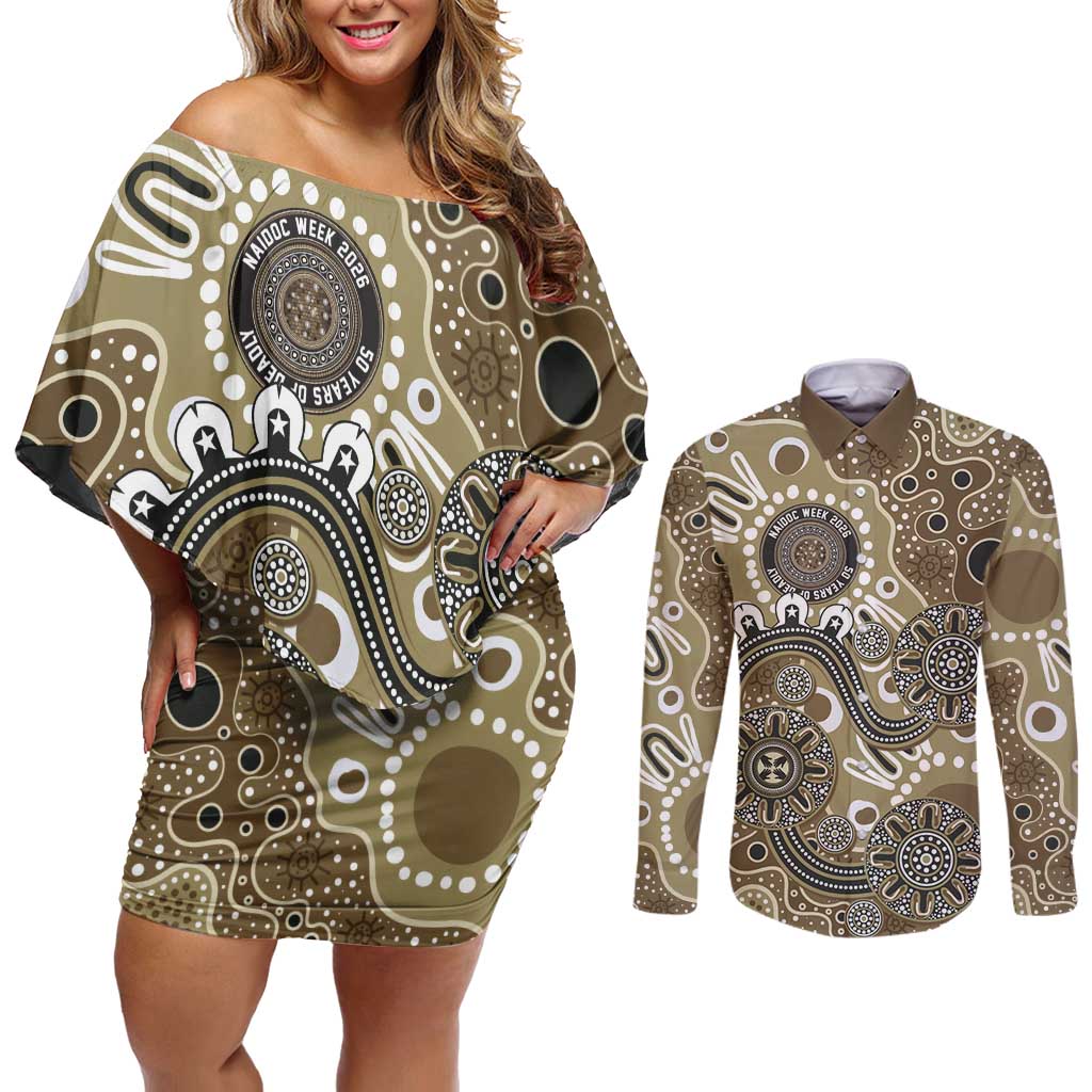 Personalised NAIDOC Week 50 Years Deadly Always Couples Matching Off Shoulder Short Dress and Long Sleeve Button Shirt Brown Aboriginal Artwork Dot Painting