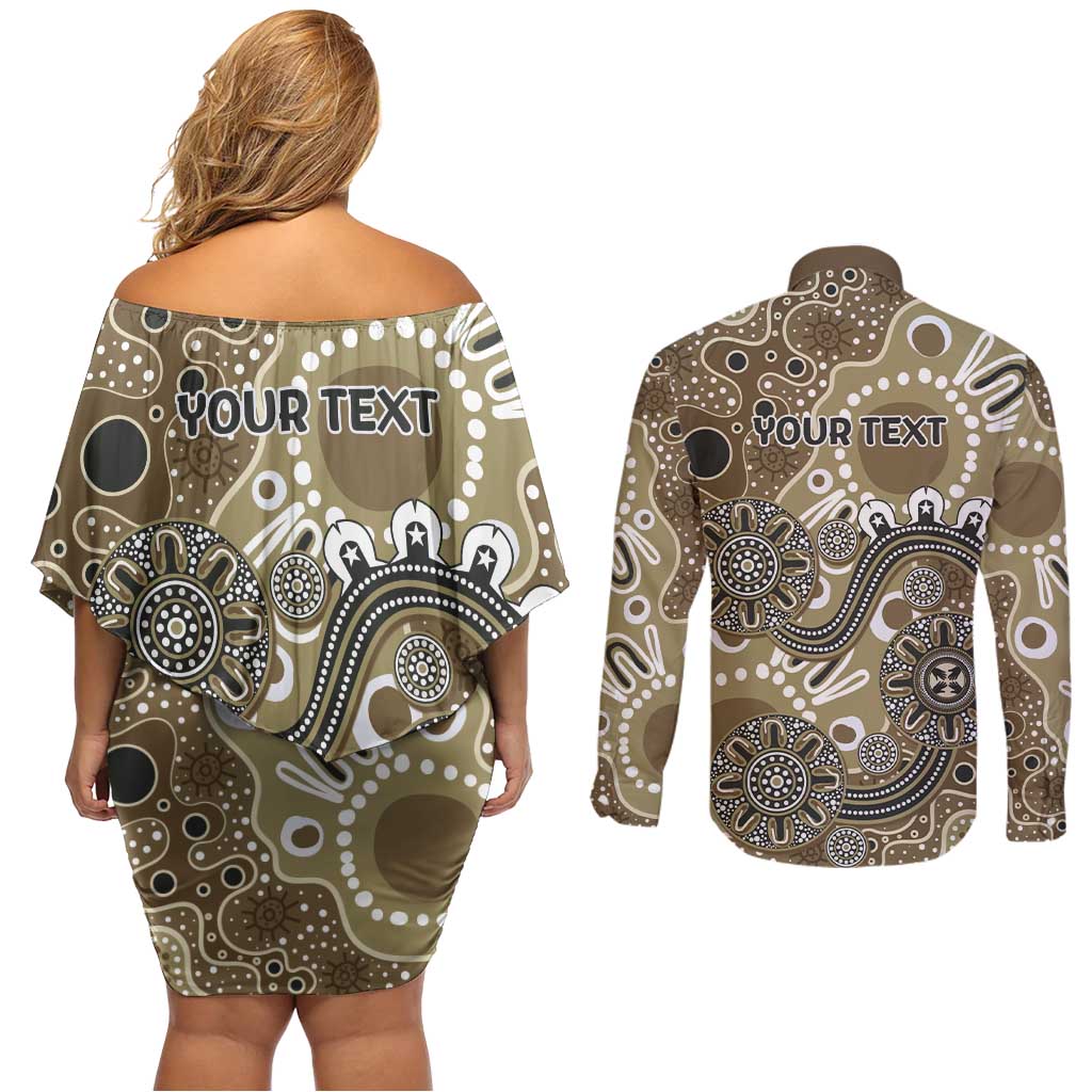 Personalised NAIDOC Week 50 Years Deadly Always Couples Matching Off Shoulder Short Dress and Long Sleeve Button Shirt Brown Aboriginal Artwork Dot Painting