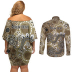 Personalised NAIDOC Week 50 Years Deadly Always Couples Matching Off Shoulder Short Dress and Long Sleeve Button Shirt Brown Aboriginal Artwork Dot Painting