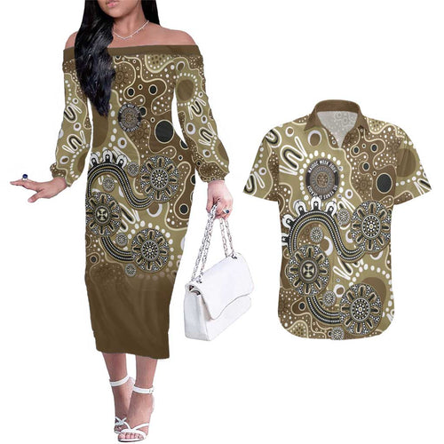 Personalised NAIDOC Week 50 Years Deadly Always Couples Matching Off The Shoulder Long Sleeve Dress and Hawaiian Shirt Brown Aboriginal Artwork Dot Painting