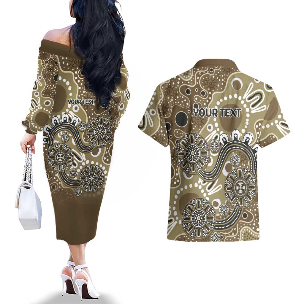 Personalised NAIDOC Week 50 Years Deadly Always Couples Matching Off The Shoulder Long Sleeve Dress and Hawaiian Shirt Brown Aboriginal Artwork Dot Painting