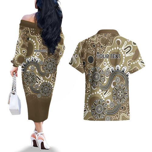 Personalised NAIDOC Week 50 Years Deadly Always Couples Matching Off The Shoulder Long Sleeve Dress and Hawaiian Shirt Brown Aboriginal Artwork Dot Painting