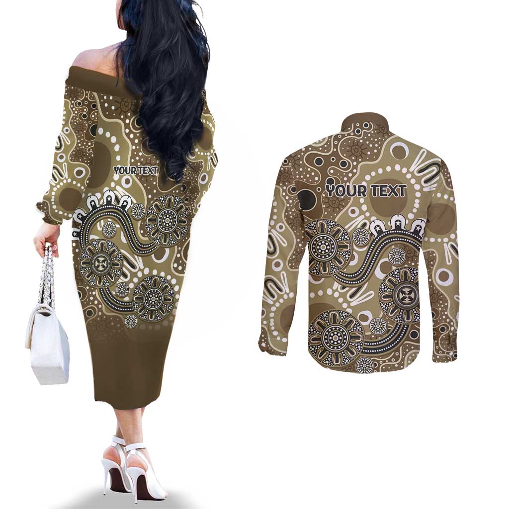Personalised NAIDOC Week 50 Years Deadly Always Couples Matching Off The Shoulder Long Sleeve Dress and Long Sleeve Button Shirt Brown Aboriginal Artwork Dot Painting