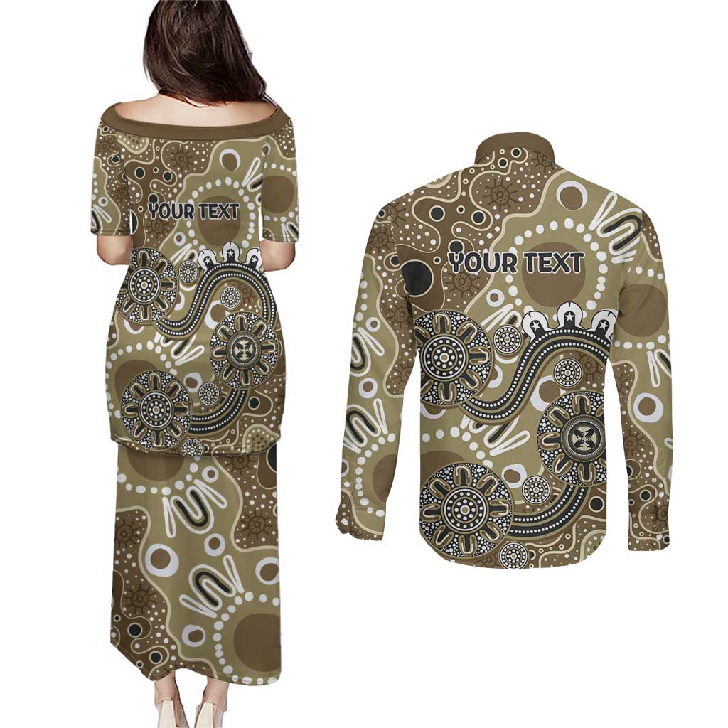 Personalised NAIDOC Week 50 Years Deadly Always Couples Matching Puletasi and Long Sleeve Button Shirt Brown Aboriginal Artwork Dot Painting