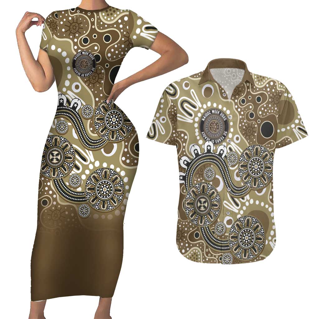 Personalised NAIDOC Week 50 Years Deadly Always Couples Matching Short Sleeve Bodycon Dress and Hawaiian Shirt Brown Aboriginal Artwork Dot Painting
