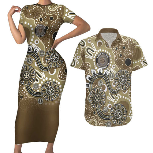 Personalised NAIDOC Week 50 Years Deadly Always Couples Matching Short Sleeve Bodycon Dress and Hawaiian Shirt Brown Aboriginal Artwork Dot Painting