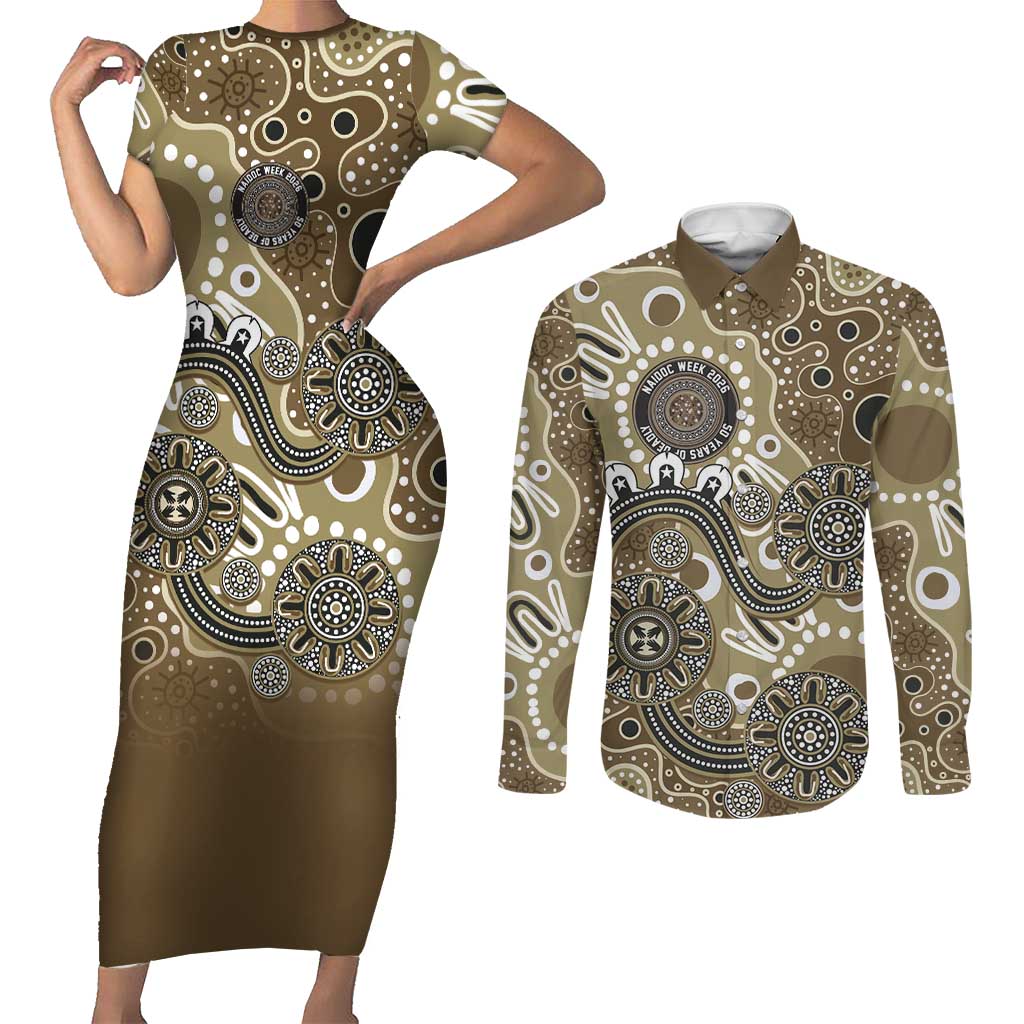Personalised NAIDOC Week 50 Years Deadly Always Couples Matching Short Sleeve Bodycon Dress and Long Sleeve Button Shirt Brown Aboriginal Artwork Dot Painting